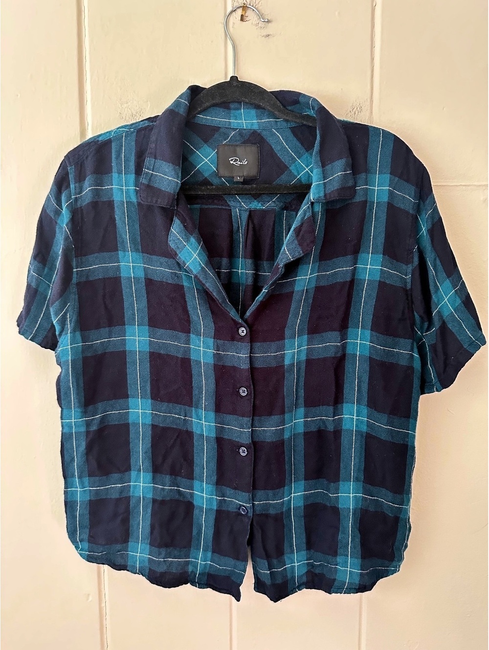 Rails Navy and Teal Plaid Short Sleeve Button Up Shirt Ultra Soft Size Large